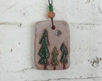 Pines Under a Blue Moon Handbuilt Terra Cotta Pottery Wall or Garden Hanging Ornament