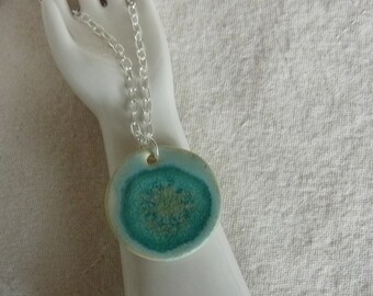 Pretty Blue Green Ceramic Fused Glass Pendant Necklace