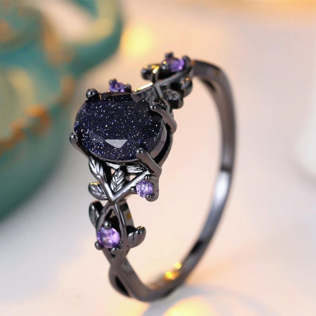 Midnight Onyx Galaxy Ring | Celestial Witchcraft Jewelry | Black Stone Leaf Ring | Gothic Engagement Ring | Wiccan Crystal Gift for Her - Etsy Japan