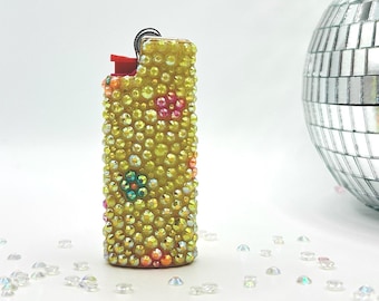 Bedazzled Empty Mini Lighter Yellow Floral Flower Case | Rhinestones, Charms, Words & Custom | Festival Rave Accessories Christmas Gift