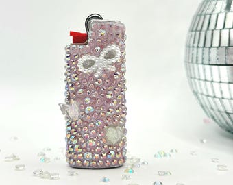Bedazzled Empty Mini Lighter Pink Silver White Charm Case | Rhinestones, Charms, Custom Words | Smoke Accessories | Bows Hearts Butterflies