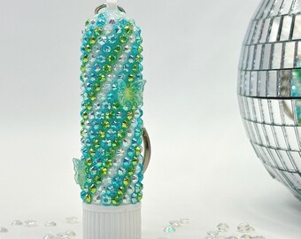 Bedazzled Menthol Inhaler Nose Stick - Custom Iridescent Rhinestone Keychain | Festival Rave Accessories, Blue Green Butterfly, Christmas