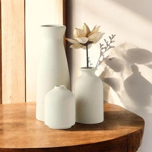 Set of 3 Ceramic Vases | Elegant Beige & White Flower Holders for Home Décor
