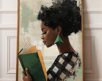 Black Afro Woman Portrait Reading Art Print, Afrocentric Modern Wall Art, Digital Download