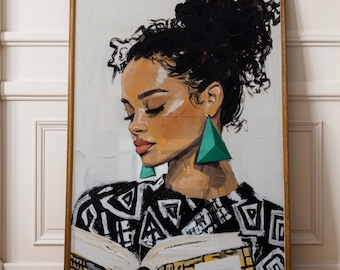 Afrocentric Woman Reading Art Print: Modern Black Woman Portrait Digital Download