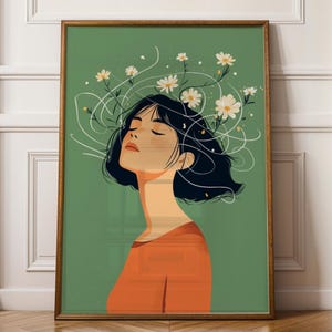 Sage Green Floral Woman Portrait Painting Print: Boho Daisies, Feminine Wall Art, Digital Download