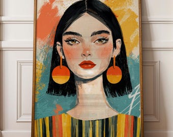 Abstracte gestreepte vrouw popart print, portret moderne vrouw, levendige mode-illustratie, digitale download