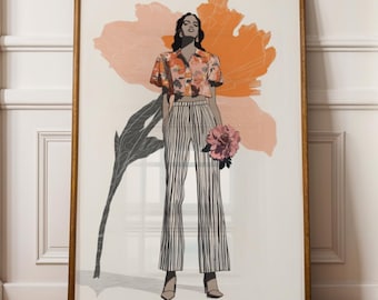 抽象的な花柄の女性の肖像画プリント、モダンファッションイラストポスター、デジタルダウンロード