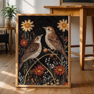 Hummingbird Folk Art Print: Scandinavian Floral Bird Illustration (Digital Download)
