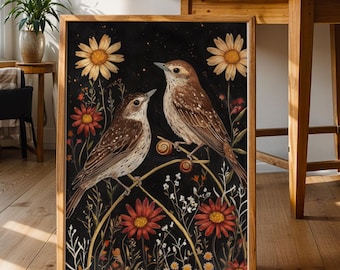 Hummingbird Folk Art Print: Scandinavian Decor Floral Bird Illustration, Digital Download