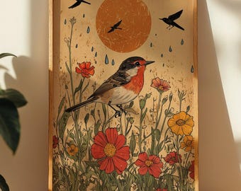 Folk Art Bird Print: Scandinavian Rustic Wall Decor, Digital Download