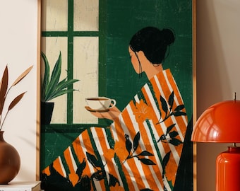 Emerald Green Abstract Woman Art Print: Modern Coffee Poster, Digital Download