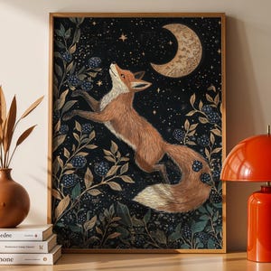 Arte mural imprimible de zorro y luna, impresiones de arte popular escandinavo, ilustración de zorro estilo vintage, arte mural de estilo rústico, descarga digital