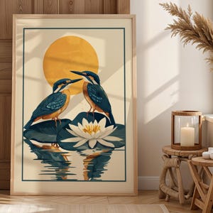 Kingfisher Bird Print: Scandinavian Water Lily, Sun Art (Digital Download)