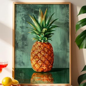May include: A framed art print featuring a detailed illustration of a ripe pineapple with green leaves. The pineapple is set against a teal background. A cocktail and fruit are in the foreground, with a monstera leaf in the background.
