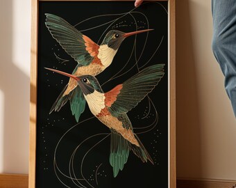 Hummingbird Art Print: Scandinavian Folk Art, Black Birds, Digital Download