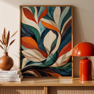 Lámina de William Morris con hojas de color verde azulado y naranja, mosaico botánico para pared – Descarga digital