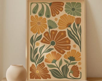 Retro Boho Floral Print, Terracotta Orange Botanical Wall Art, Vintage Flower Poster, Digital Download
