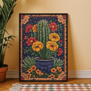 Mexikanische Kaktus Druck, traditionelles mexikanisches Poster für Boho Home Decor, Mexiko Wandkunst für Wohnzimmer, Botanisches Kunstwerk, Maximalist Art