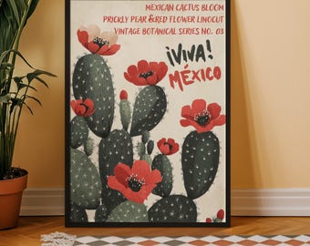Kaktus folkkonsttryck, vintage mexikansk väggdekor, digital nedladdning