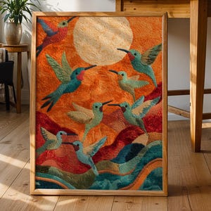 Hummingbird Folk Art Print: Boho Scandinavian Wall Decor (Digital Download)
