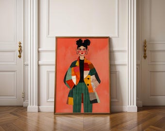 Red Patchwork Coat Woman Print, Green Pants Fashion Illustration, Bold Colorful Wall Decor, Digital Download