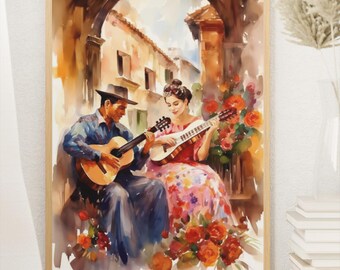 Mexican Guitar Couple Art Print: Romantic Floral Scene (Digital Download)