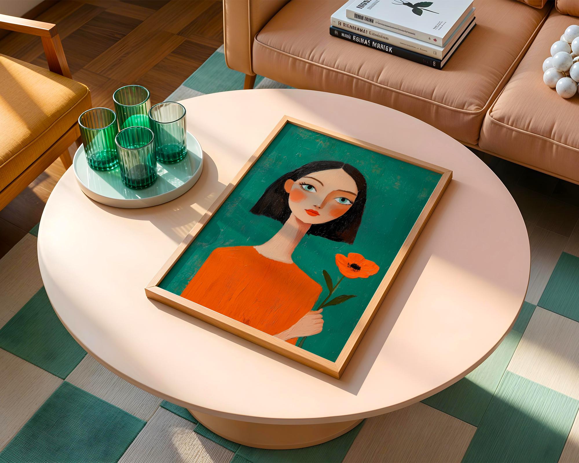 Emerald Green Woman Portrait Painting With Poppy: Modern Boho Art ...