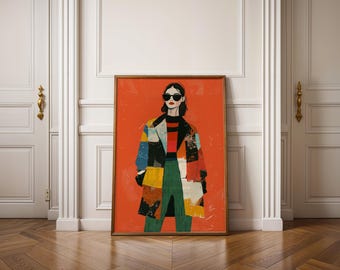 Bold Patchwork Coat Woman Print, Orange Red Fashion Art, Colorful Maximalist Wall Decor, Digital Download