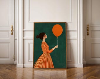 Woman With Orange Balloon Print, Deep Green Whimsical Art, Retro Striped Dress Wall Decor, Digital Download