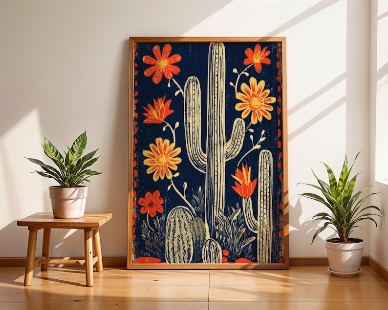 Vintage Mexican Cactus Print, Boho Southwestern Wall Art, Folk Art ...