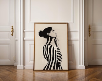 Striped Dress Woman Print, Black White Minimalist Line Art, Modern Feminine Wall Decor, Digital Download