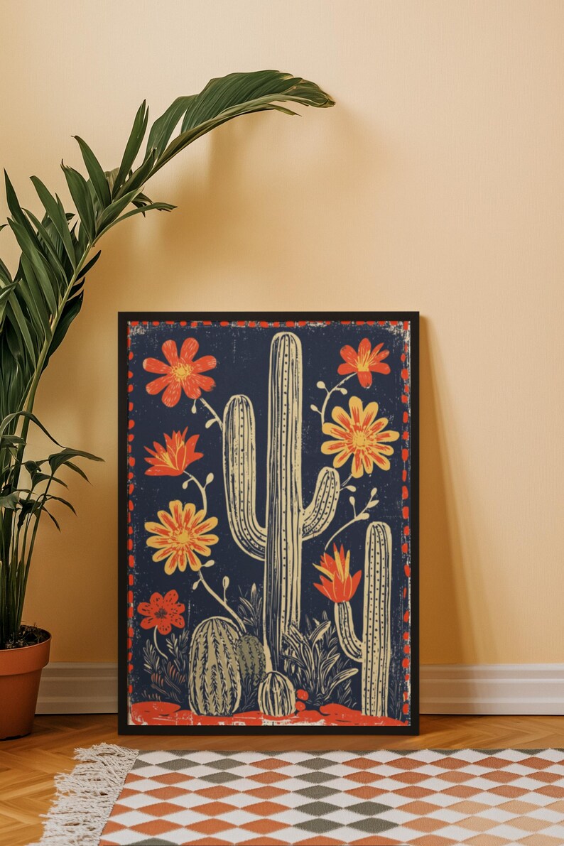 Vintage Mexican Cactus Print, Boho Southwestern Wall Art, Folk Art ...