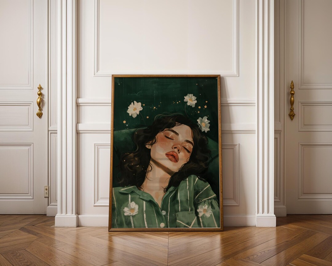 Emerald Green Woman Portrait, Dark Cottagecore Moss Wall Art, Floral ...