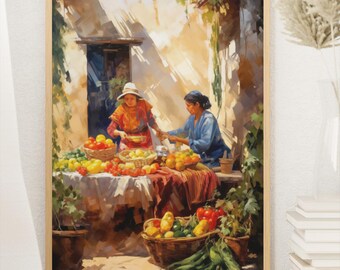 Impresión artística de escena de mercado mexicano: Decoración de cocina colorida (descarga digital)