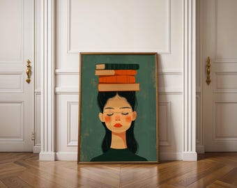 Emerald Green Reading Woman Print, Books on Head Reading Nook Art, Bookish Eclectic Decor, Digital Download