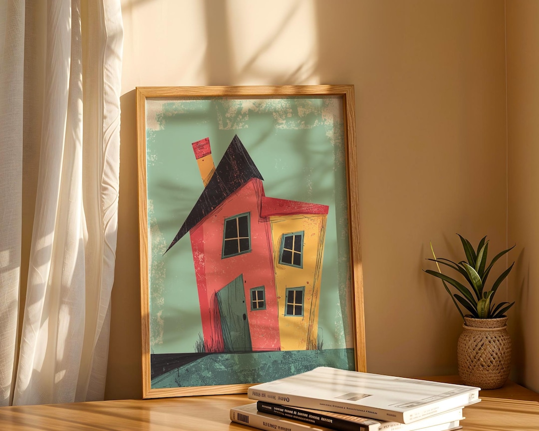 Naive Art Pink House Print, Whimsical Yellow Cottage, Colorful Folk Art ...