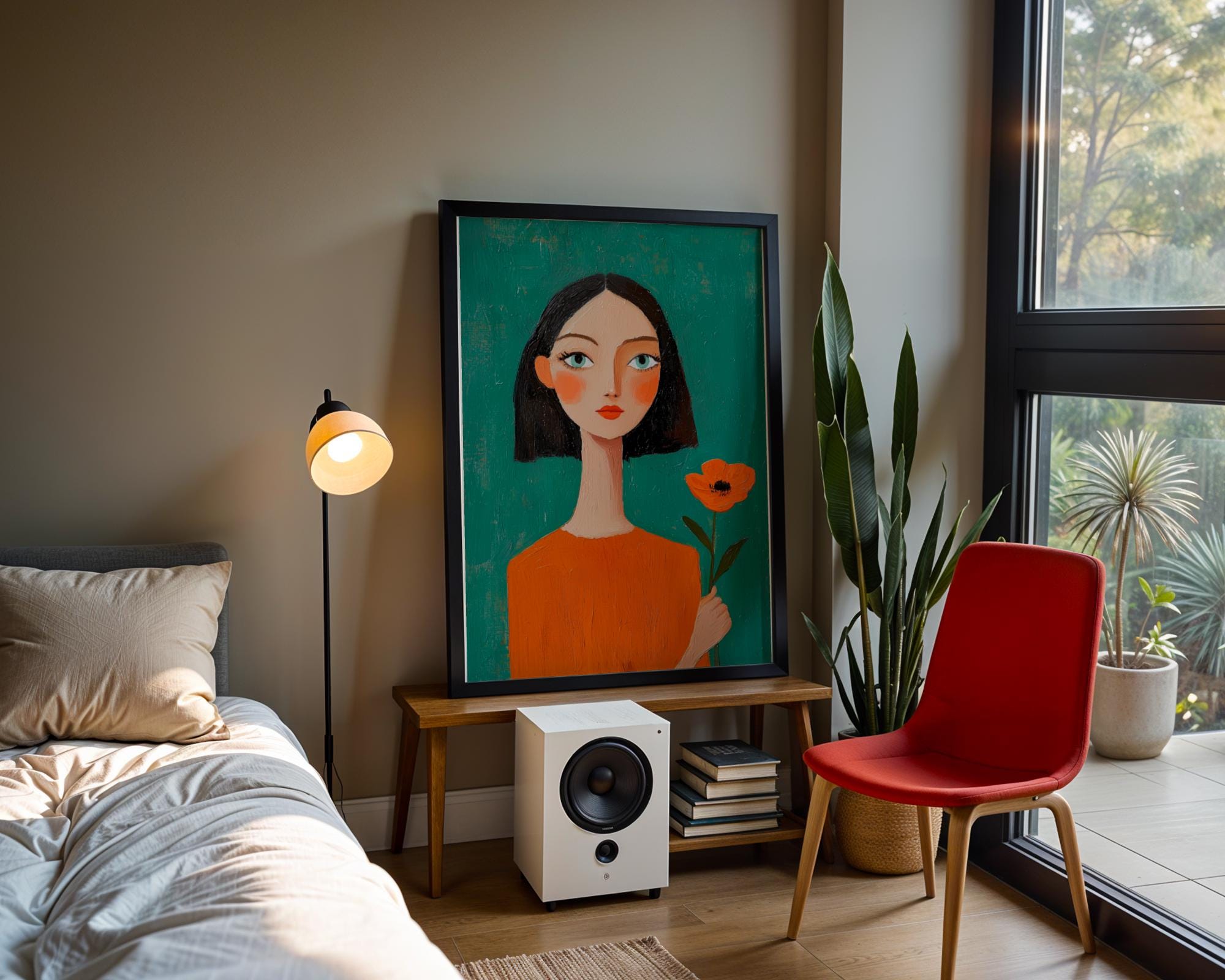 Emerald Green Woman Portrait Painting With Poppy: Modern Boho Art ...