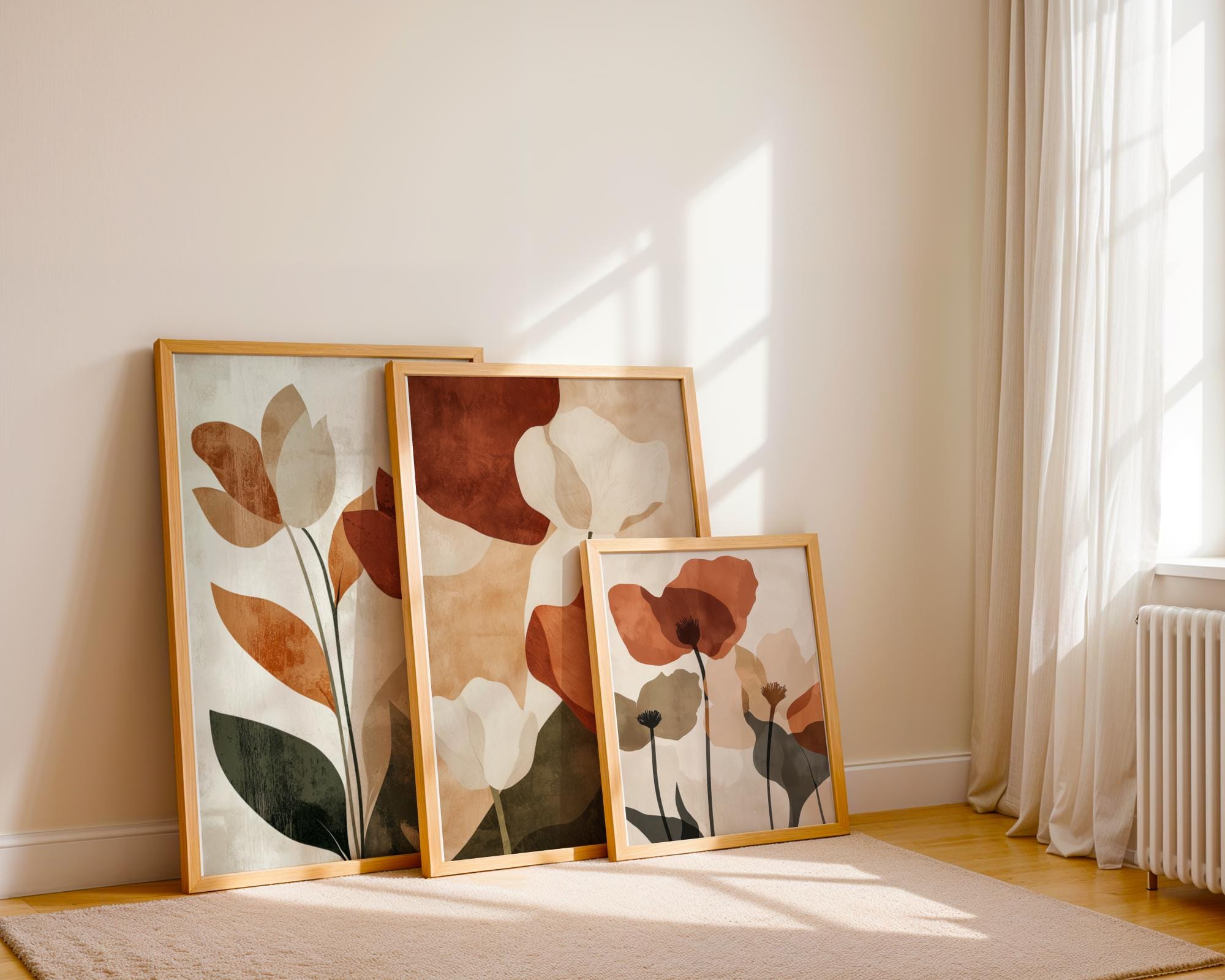 Set of 3 Neutral Floral Print Set: Abstract Botanical Art, Earth Tones ...