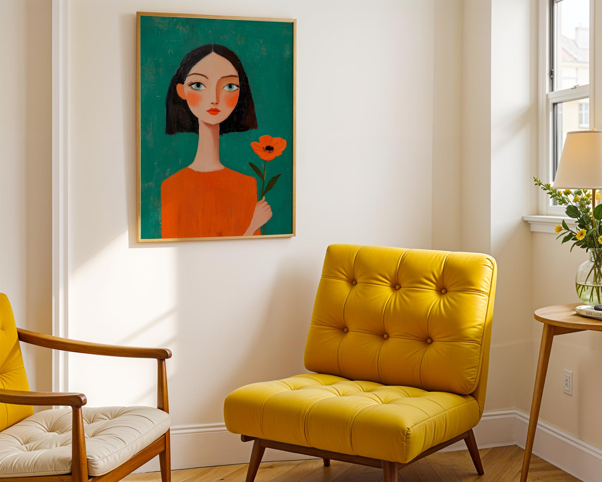Emerald Green Woman Portrait Painting With Poppy: Modern Boho Art ...