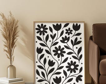 Black and Beige Floral Botanical Art, Neutral Botanical and Above Bed Art, Boho Wall Decor for Printable Wall Art, Modern Wall Art