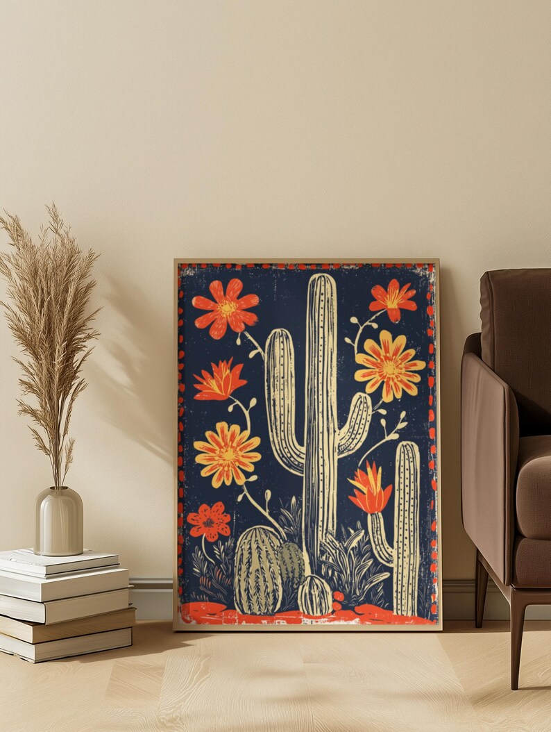 Vintage Mexican Cactus Print, Boho Southwestern Wall Art, Folk Art ...