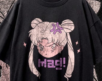 Angry Anime Shirt, Funny Sailor Moon Tee, Retro Distressed T-Shirt, 90s Manga Streetwear, Premium Quality Handmade Clothing