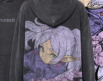 Vintage Frieren Anime Hoodie, Retro 90s Manga Sweatshirt, Distressed Graphic Pullover, Frieren Beyond Journey's End, Handmade Washed Anime