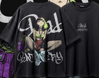 Y2K Grunge Anime Girl Shirt, Oversized Vintage Wash Alt Egirl Graphic Tee, Fishnet Aesthetic Manga Streetwear Tshirt, Goth Anime Gift