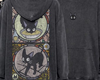 Kiki's Delivery Service Jiji Cat Oversized Hoodie, Studio Ghibli Black Cat Stained Glass Back Print Sweatshirt, Vintage Anime Cottagecore