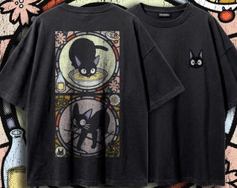 Kiki's Delivery Service Jiji Cat Oversized Tshirt, Studio Ghibli Black Cat Stained Glass Back Print Tee, Vintage Anime Cottagecore Shirt