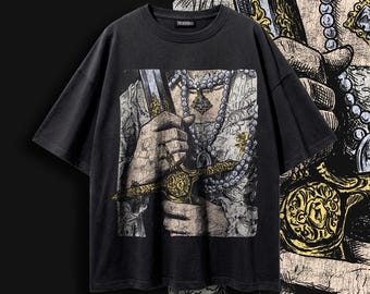 Gothic Sword Graphic Tee, Vintage Religious Art Shirt, Rosary Dark Academia Streetwear, Grunge Alt Aesthetic Tee, Y2K Unisex Goth Clothing