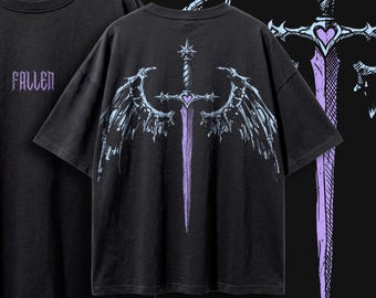 Lavender Fallen Angel Tee, Gothic Winged Sword Graphic Shirt, Vintage Wash Grunge Streetwear, Whimsigoth Alt Aesthetic, Unisex Y2K Tee