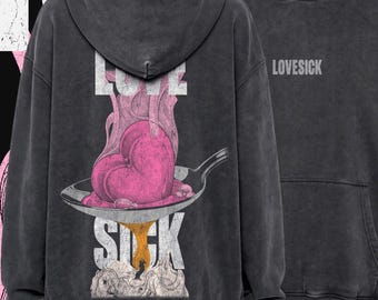 Lovesick Heartbreak Hoodie, Oversized Vintage Wash Grunge Pullover, Melting Heart Alt Aesthetic Streetwear Hoodie, Sad Girl Emo Merch
